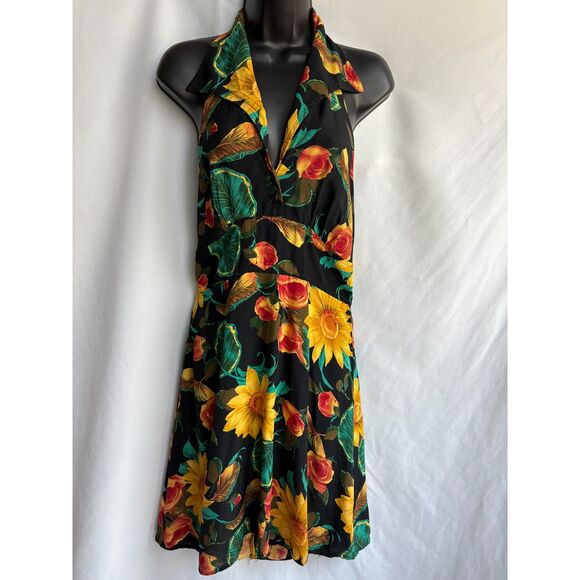 Vintage Moda International Sunflower Floral Halter Neck Shift Dress Size M/L - Picture 1 of 10